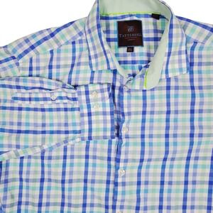 Tattersall London Mens Dress Shirt XL 17 1/2 32/33 Blue Green Checkered‎